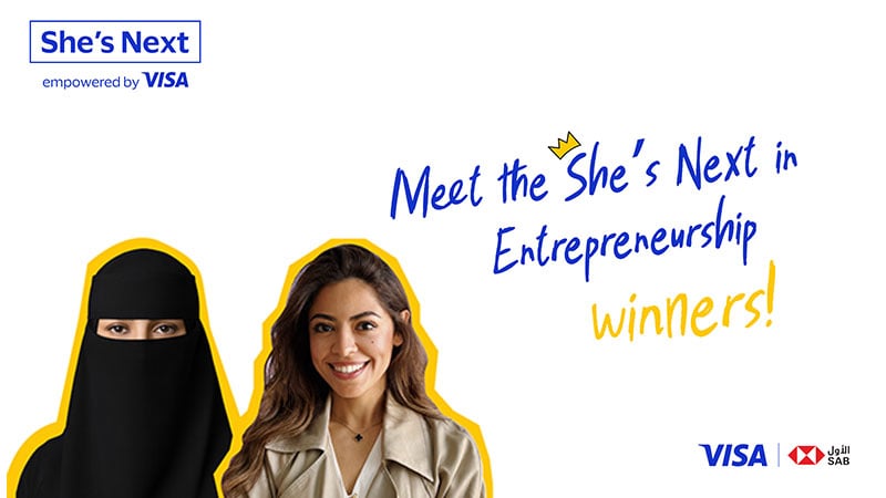 Two women smiling, one in a niqab and one in a blazer, with text reading "Meet the She’s Next in Entrepreneurship winners!" Logos of Visa and SAB visible.