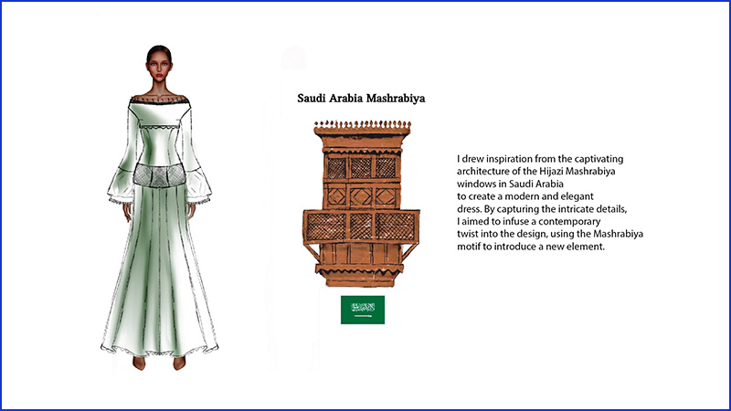 Saudi Arabia Mashrabiya I drew inspiration from the captivating architecture of the Hijazi Mashrabiya windows in Saudi Arabia to create a modern and elegant dress. By capturing the intricate details, I aimed to infuse a contemporary twist into the design, using the Mashrabiya motif to introduce a new element.